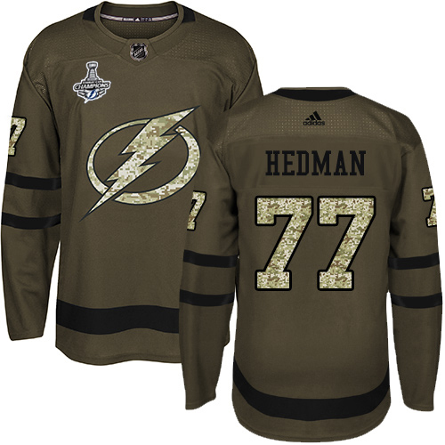 Men Adidas Tampa Bay Lightning #77 Victor Hedman Green Salute to Service 2020 Stanley Cup Champions Stitched NHL Jersey